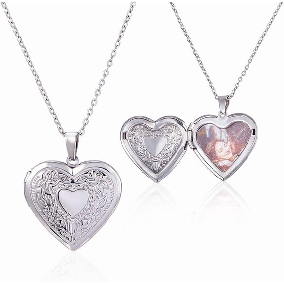 2Pcs Heart Locket Necklace 17.72 Inch Stainless Steel Photo Necklace Pictures Pendant Necklaces Love Image Locket Necklaces for DIY handcrafting