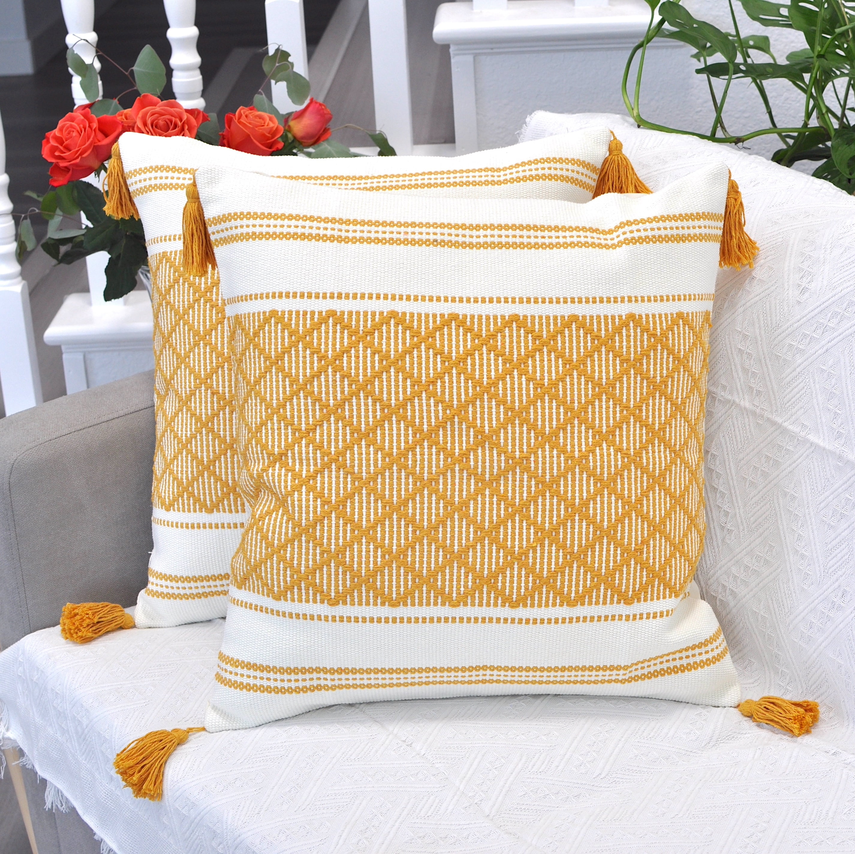 Percey Boho Lumbar Pillow Covers with Tassels, Cotton Woven Rectangular Pillowcases (Set of 2) Foundry Select Color: Mustard Yellow