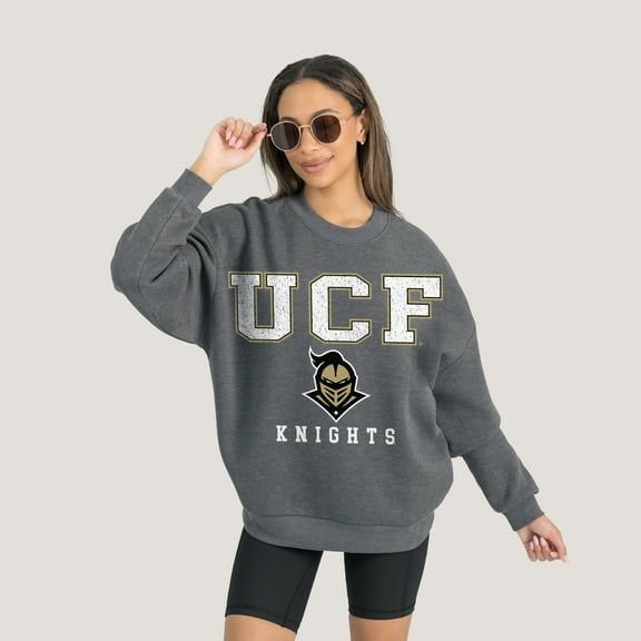 Women's Gameday Couture  Heather Charcoal UCF Knights Oversized Distressed Fleece Pullover Sweatshirt