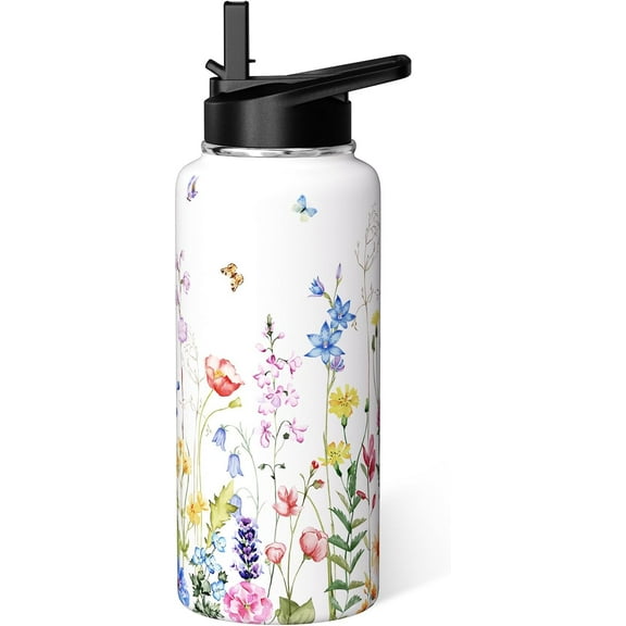 Floral Water Bottle 32oz Insulated Stainless Steel Flower Thermos Sports Bottles Cup with Handle and Flip Straw Floral Gifts Stuff for Girls Women