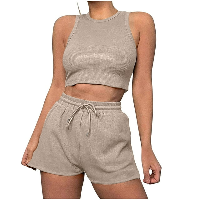 ShomPort Womens 2PC Matching Set Sleeveless Round Collar Crop Tops High Elastic Waisted Drawstring Shorts Comfort Athletic Outfits