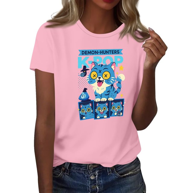 Pop cazadora para niña Demon Hunters Round-Neck Printed Anime Trio Poster T Shirt (Pink)