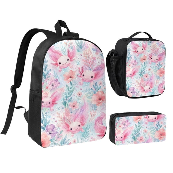 Cute Axolotl Floral Backpack Set 3pc Including Backpack, Lunch Bag and Pen Bag Combination