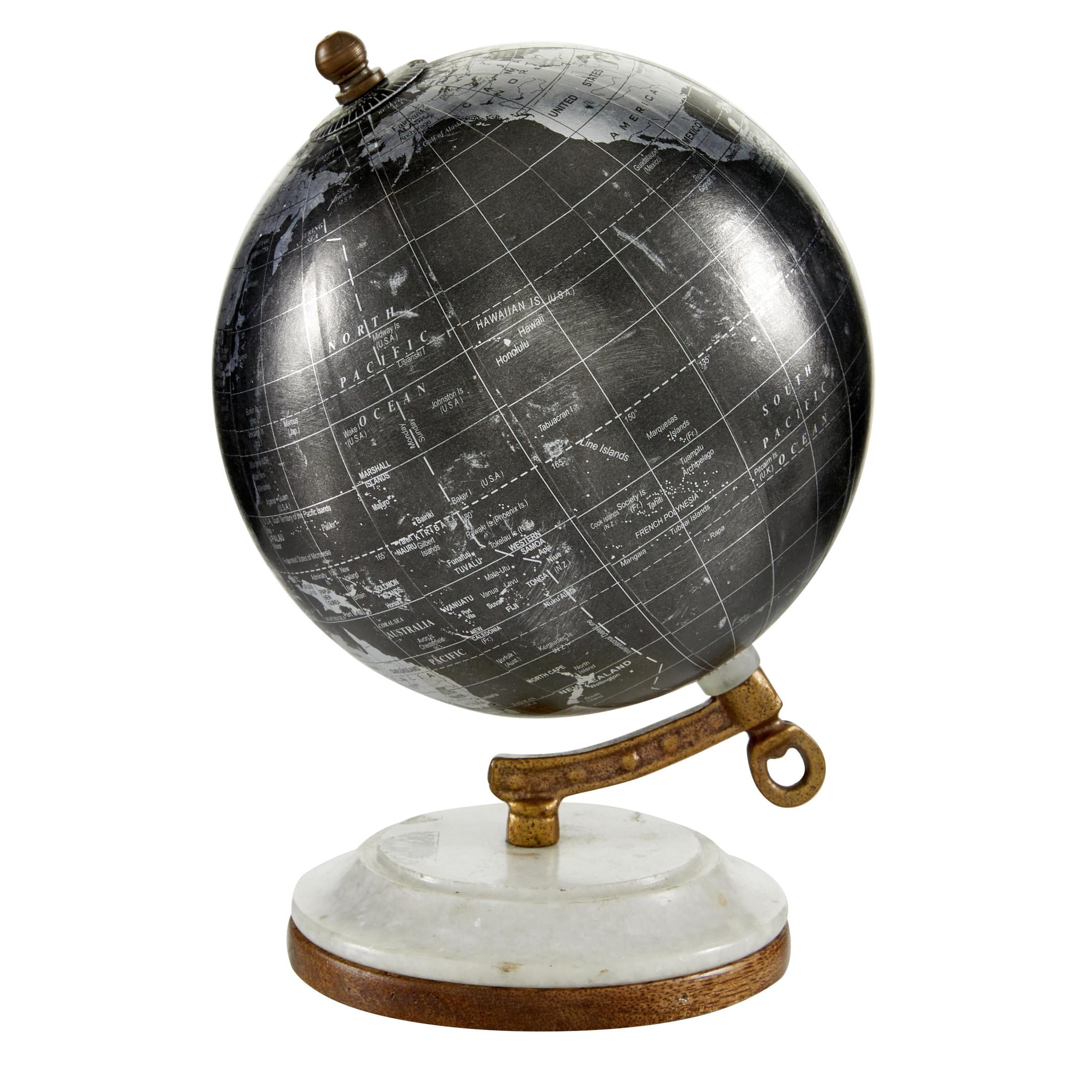 DecMode 5" Small Black World Map Globe with Silver Continents and White Marble Base