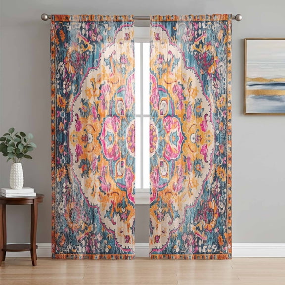 Blue Pink Semi Sheer Window Curtains 63 Inches Long, Boho Middle Century Geometric Abstract Rod Pocket Voile Silky Chiffon Curtain Light Filtering Drapes for Living Room, Kitchen, 52"x63", 2 Panels