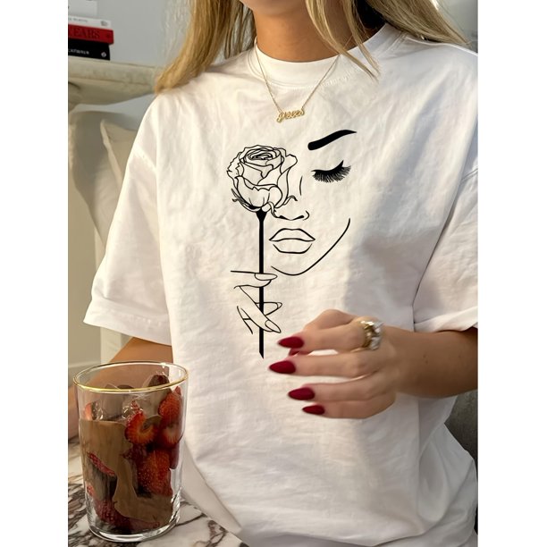Women's Vintage-Inspired Casual T-Shirt with Elegant Rose and Lip Graphic, Soft Polyester, Round Neck, Short Sleeves - Perfect for Summer, Everyday Tshirt|Casual Chic Style|Polyester Fabric