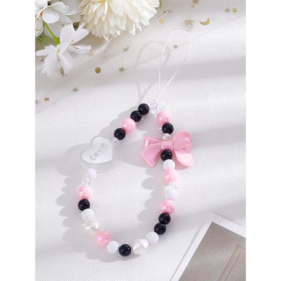 1Pc Valentine's Day Acrylic Beaded Mobile Straps for Women Phone Decorations Charm Love Heart Bowknot Pink 186mm