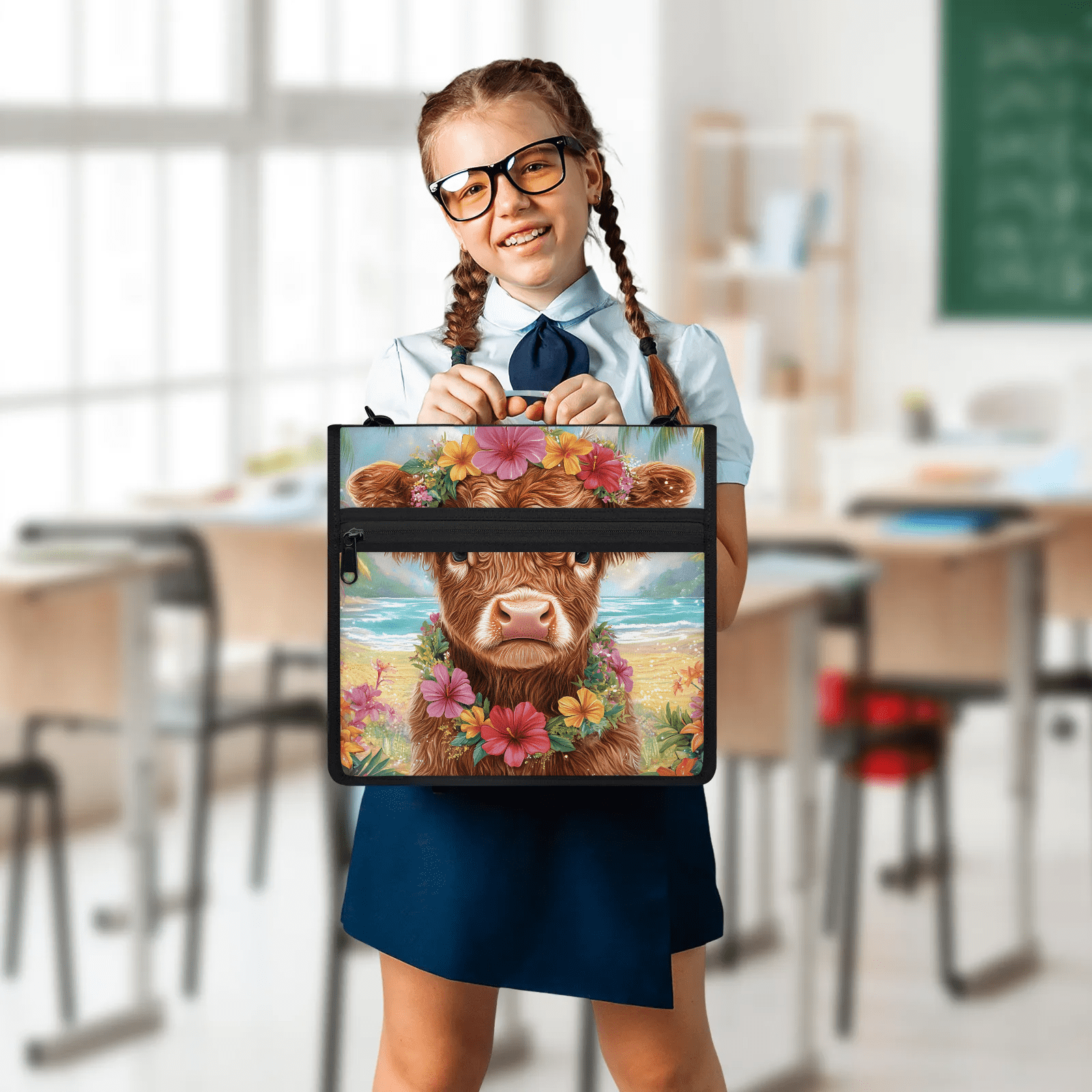 Herdesigns Funny Highland Cow Zipper Binder with Shoulder Strap, Waterproof 1.5 Inch 3 D-Ring Binder Organizer Bag, Fits 13 Inch Laptop for Work, Rustic Farmhouse Bull Animal