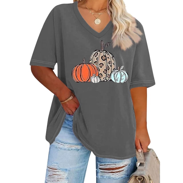 Puntoco Camiseta básica de verano de color liso con mangas cortas y cuello en V grande con diseño de calabaza de Acción de Gracias para mujer