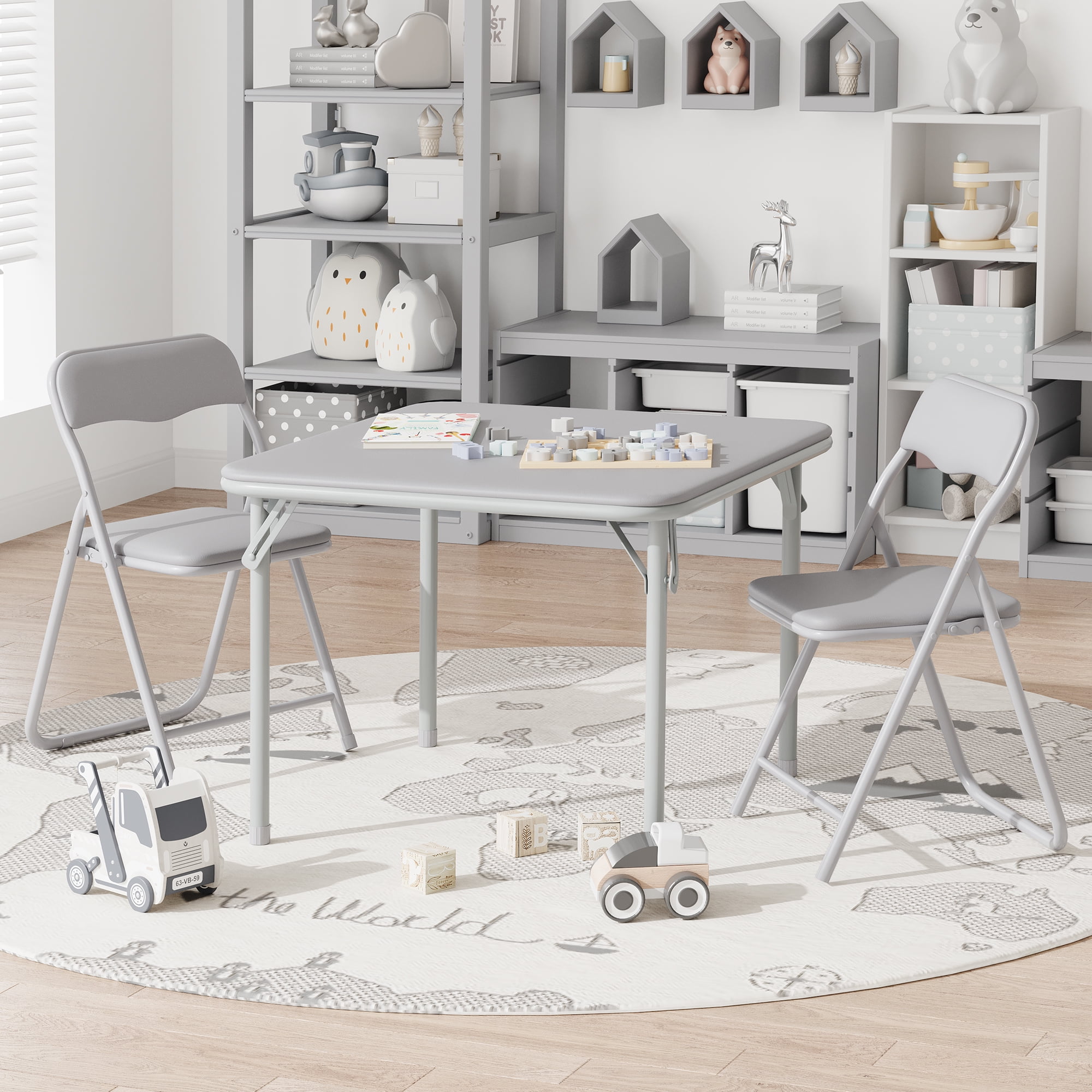 Rugerasy 3PC Folding Upholstered Table and Chair, Square Card Table and Chair Set with Pu Soft Cushion, Metal Frame Activity Table and Chairs Set for Daycare and Classroom,Grey