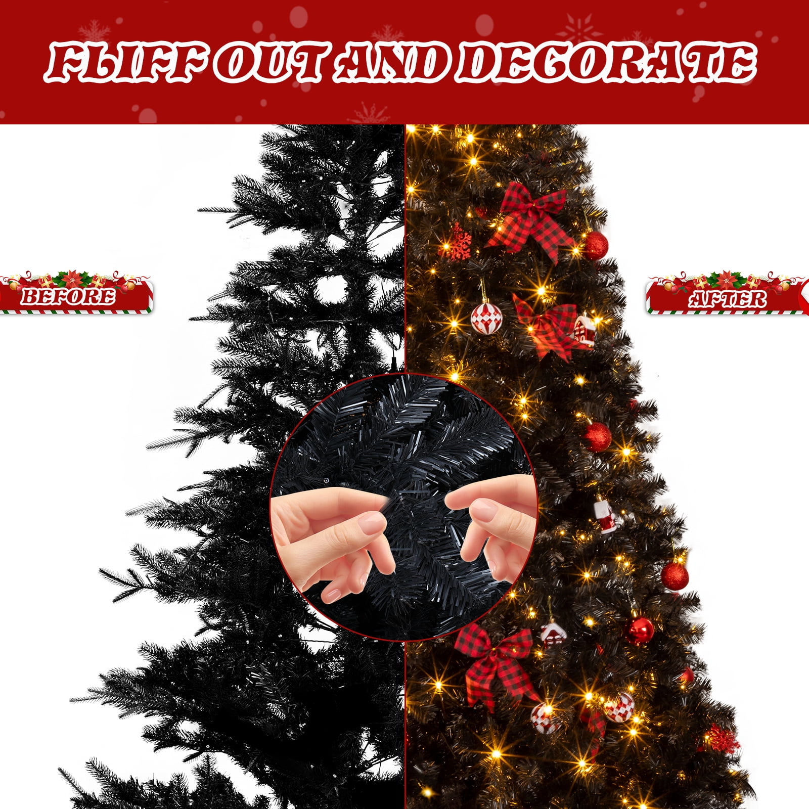 Astoutdoor 7.5 ft Black Artificial Christmas Tree with 350 Warm White LED Lights, Hinged Pine Tree, Tree Skirt and Red Ornaments