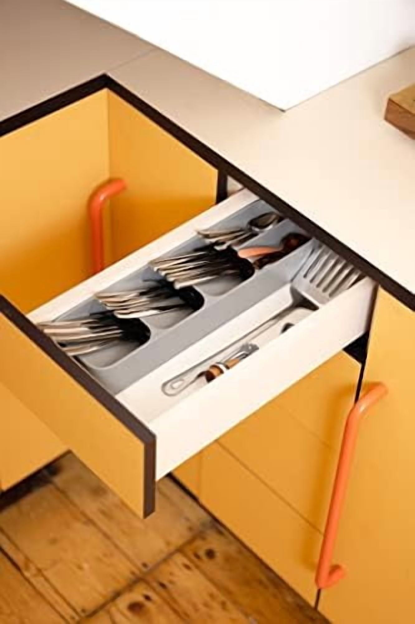 DrawerStore Compact Utensil Organizer For Kitchen Drawer Silverware, Flatware Tray, Small, Grey