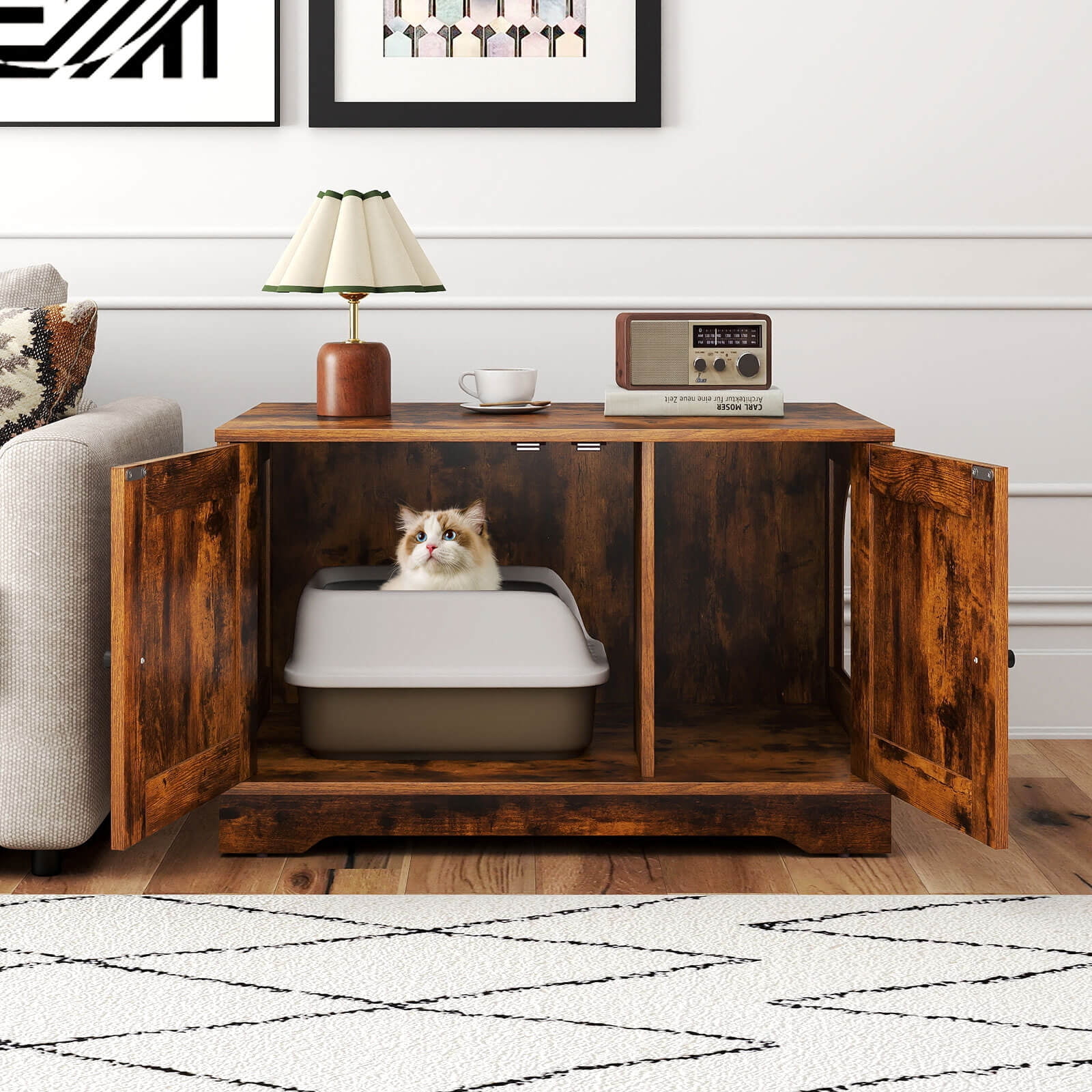 Costway Cat Litter Box Enclosure Furniture with Double Doors Divider Side Entry for Cats Brown