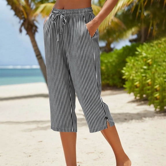 Ayolanni Workout Pants for Women Elastic Waist Striped Casual Straight Leg Pants Lounge Capris Black Stretch Drawstring Trousers with Pockets L