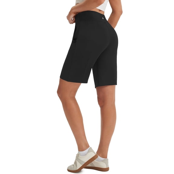 baleaf Women's Bermuda Shorts 9" Knee Length High Waisted Long Shorts with Zipper Pockets Golf Shorts for Women Walking Travel Athletic Running Hiking Workout Black L
