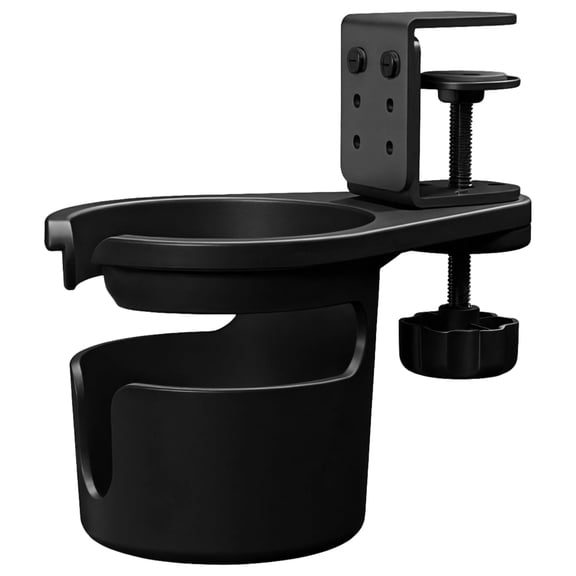 Rotating Cup Holder for Desk,Clamp Design for Coffee and Beverage Storage,Black Plastic,Fits Standard Cups,Ideal for Office,Gaming,and Car Use