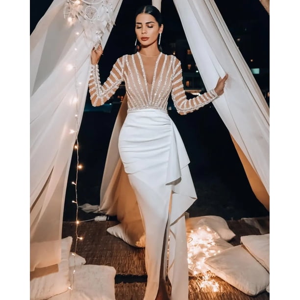 Vestido de manga larga con cuello en V para mujer, estilo independiente, para otoño e invierno, ideal para vestidos de novia