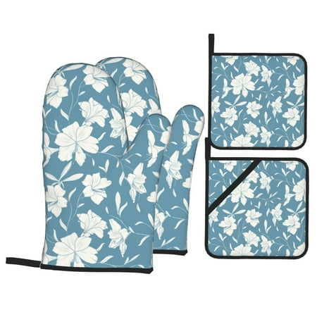 

Oven Mitts and Pot Holders Sets 4 pcs - Lilies Flowers Light Blue Heat Resistant Silicone Oven Gloves with Non-Slip Silicone Surface and hot pads for kitchen Baking Cooking BBQ