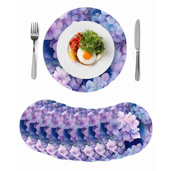 Spring Purple Hydrangea Round 15 Inch Placemats Set of 8, Country Flowers Garden Plants HeatResistant Non Slip Place Mats for Dining Table, Wipeable Braided Kitchen Table Mats for Housewarming