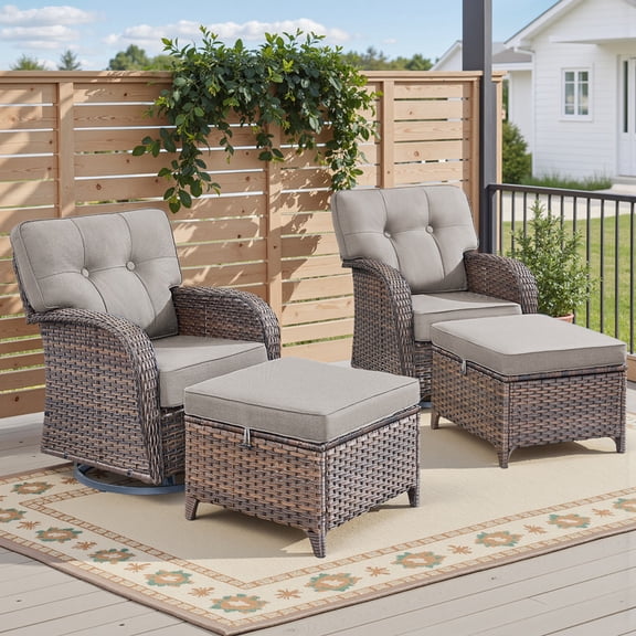 Gymojoy 4-Piece Outdoor Wicker Swivel Glider Chair Set, Patio Rocking Lounge Chair Set with Matching Ottomans, Patio Bistro Set with 5 in. Thick Olefin Cushion for Porch