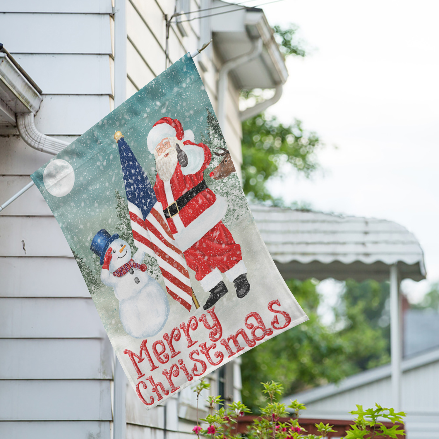 America Forever Merry Christmas USA House Flag 28 x 40 inch Double Sided, Patriotic Holiday Banner Snowman Santa American Flag Outdoor Decor, Winter Celebration Yard Display Decorations
