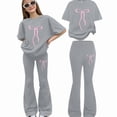 thumbnail image 3 of Girl's 2 Piece Outfits Graphic Crewneck Sweatshirts and Long Flare Pants Set Spring Fall Clothes Kids Clothing Set Grey, 3 of 5