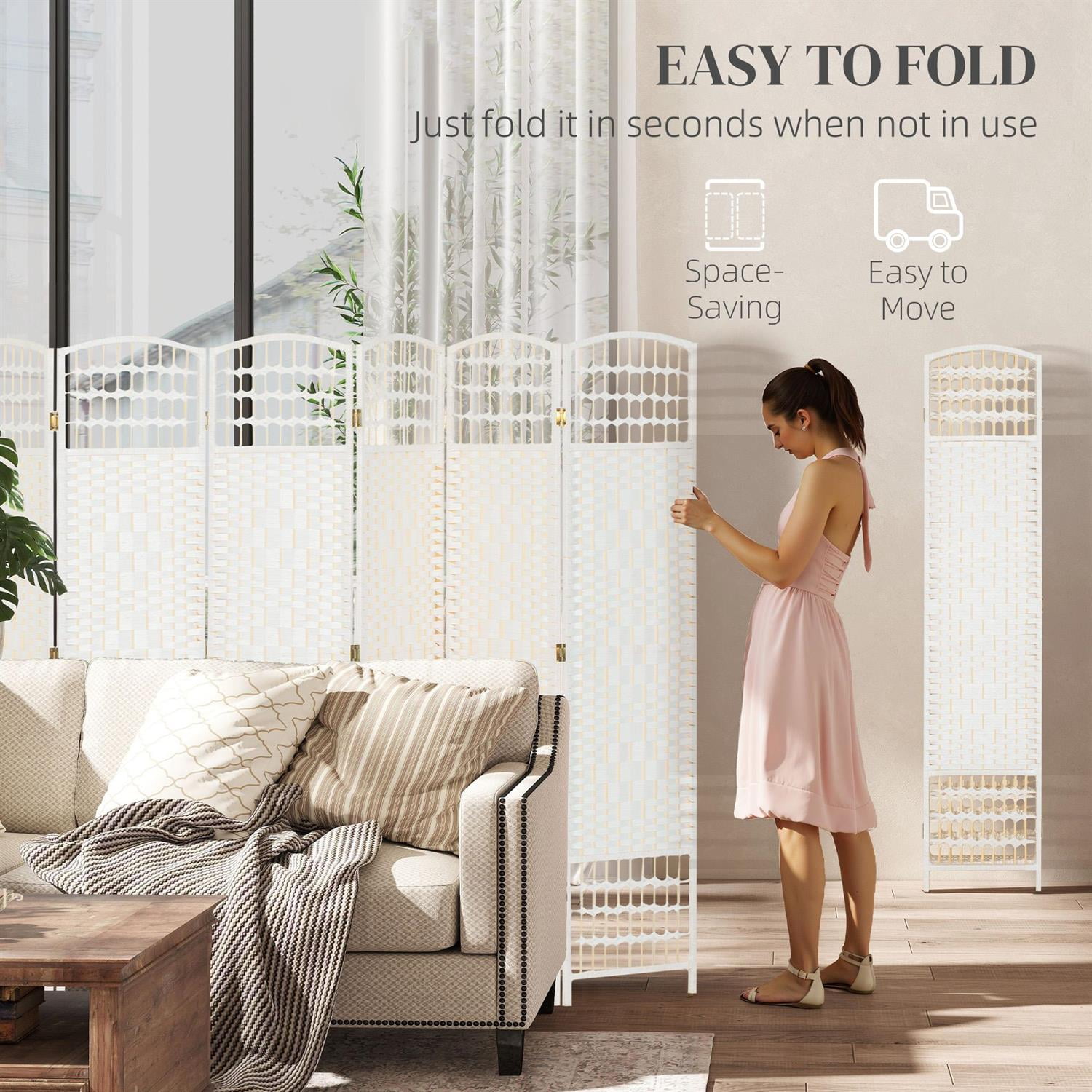 Demi Bonn 8-Panel Foldable Room Divider Screen Privacy Panel Wave Fiber Design, 67" Portable Partition for Home Office Space, White