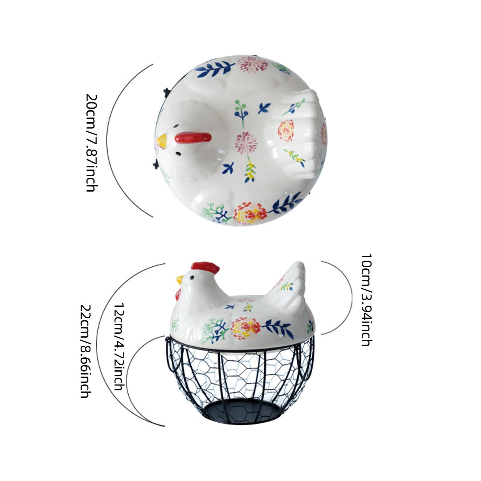 Farmhouse Egg Basket with Ceramic Lid, Black Wire Egg Holder for Fresh Eggs, Decorative Chicken Design Egg Storage Container, Kitchen Countertop Organizer Case for Eggs