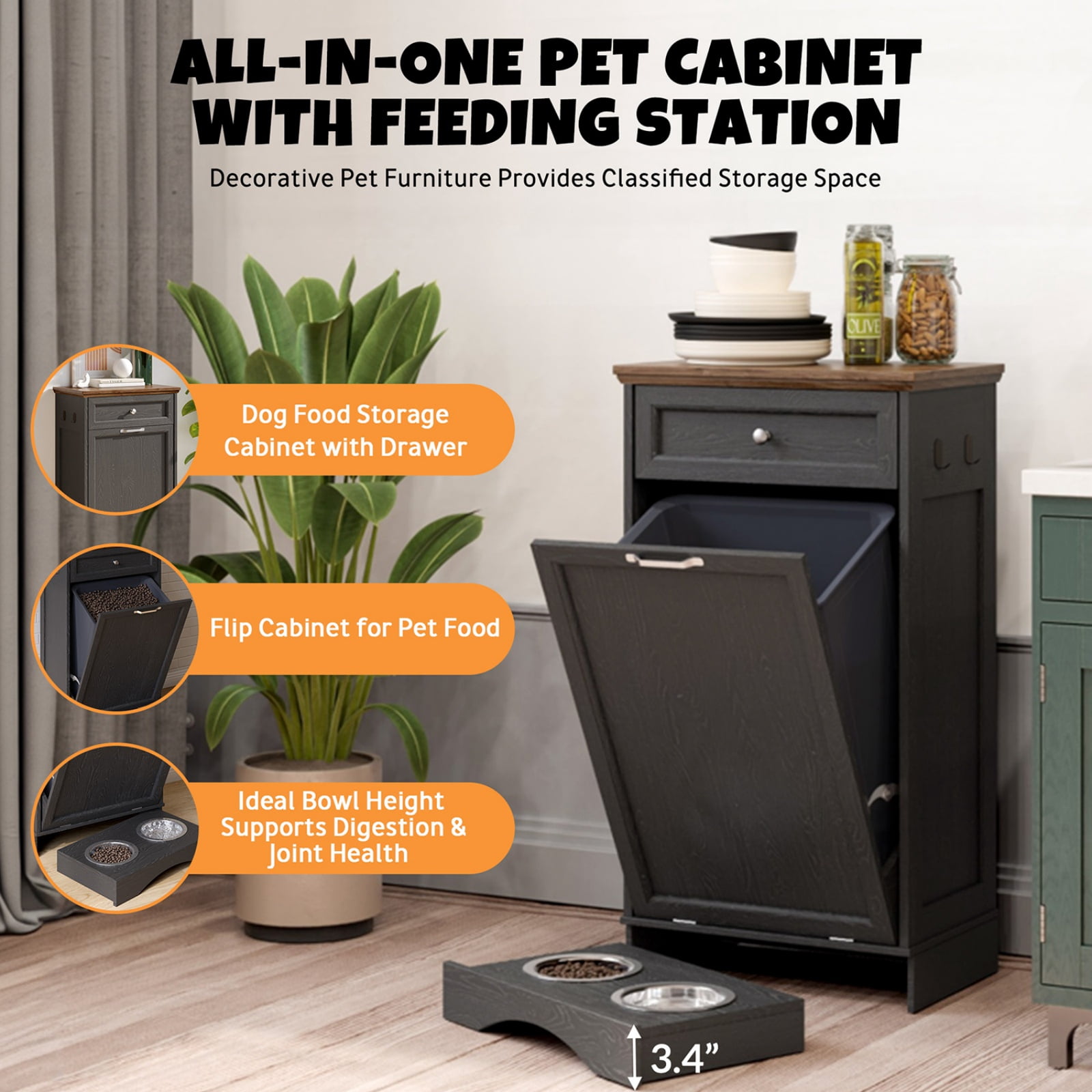 Tilt Out Trash Can Cabinet with Dog Bowl, 10 Gallons Dog Feeding Station with Storage, Dog Food Cabinet with Hideaway Drawer for Kitchen, Living Room,Laundry Room