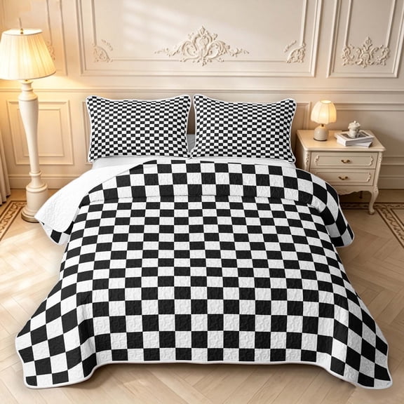 Manfei Vintage Grid Twin Quilt Set,Modern Checkered Twin Coverlet Set,Black White,2 Pieces,1 Bedspread and 1 Pillowcase