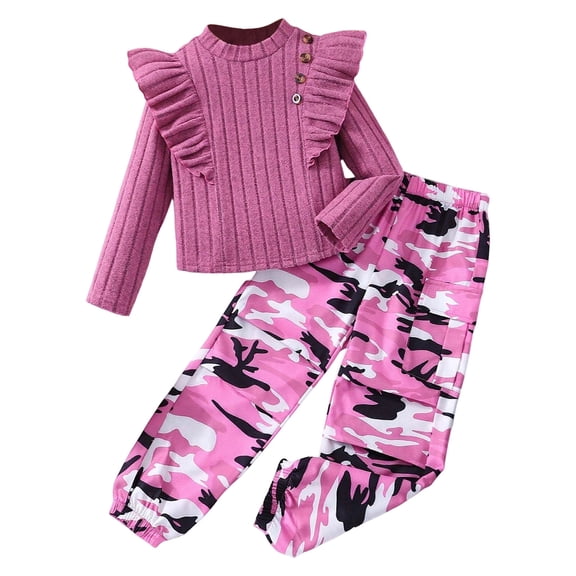 VNKIDY Girls Kids 2 Piece Outfit Solid Color Rufffled Long Sleeve Crewneck Top Camouflage Prints Elastic Waisted Pants For Casual Daily Wear Cute Set