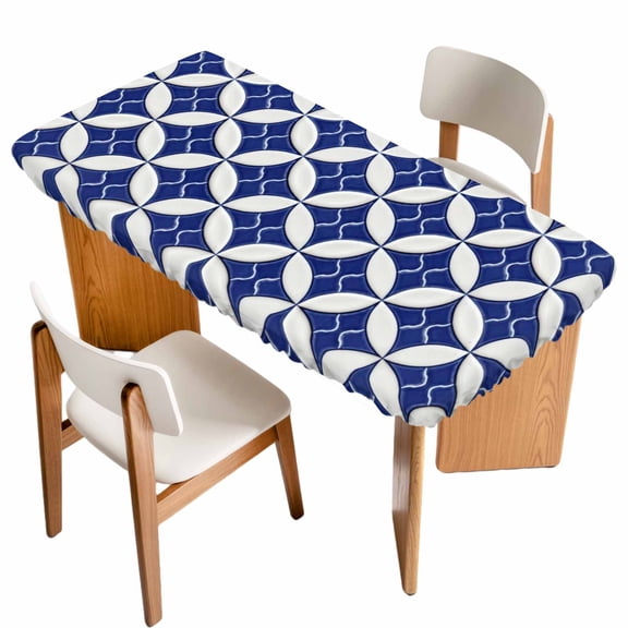 Retro Rhombus Table Cloths for 5 Foot Rectangle Tables, Morocco Abstract Geometric Art Navy Blue Patio Waterproof Elastic Fitted Tablecloths, Washable Rectangular Table Cover for Camping