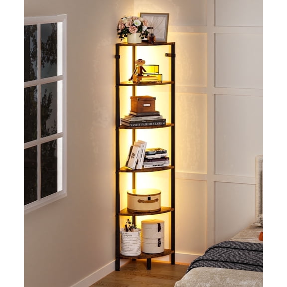 Enogets 66.9'' Tall Corner Shelf, 6 Tier Freestanding Corner Shelving Unit with LED Light, Metal Storage Rack, Space Saving Corner Display Shelf for Living Room
