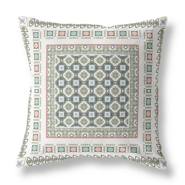 Floral Windows Faux Suede Fabric Throw Pillow in White and Blue 18x18