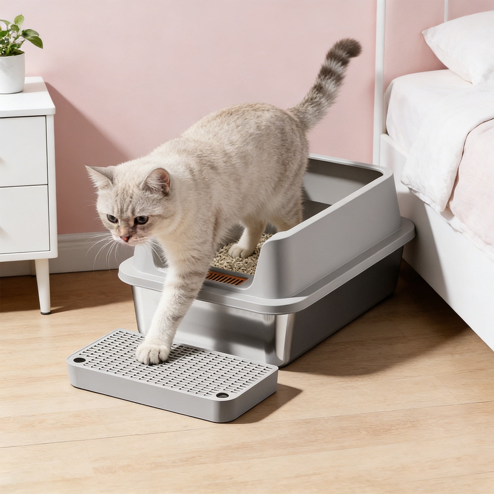 Stainless Steel High Sided Litter Box, Large Open Top Cat Litter Pan with Step Platform, Odor Resistant & Easy Clean, Non-Slip Kitty Tray with Scoop for Small & Large Cats