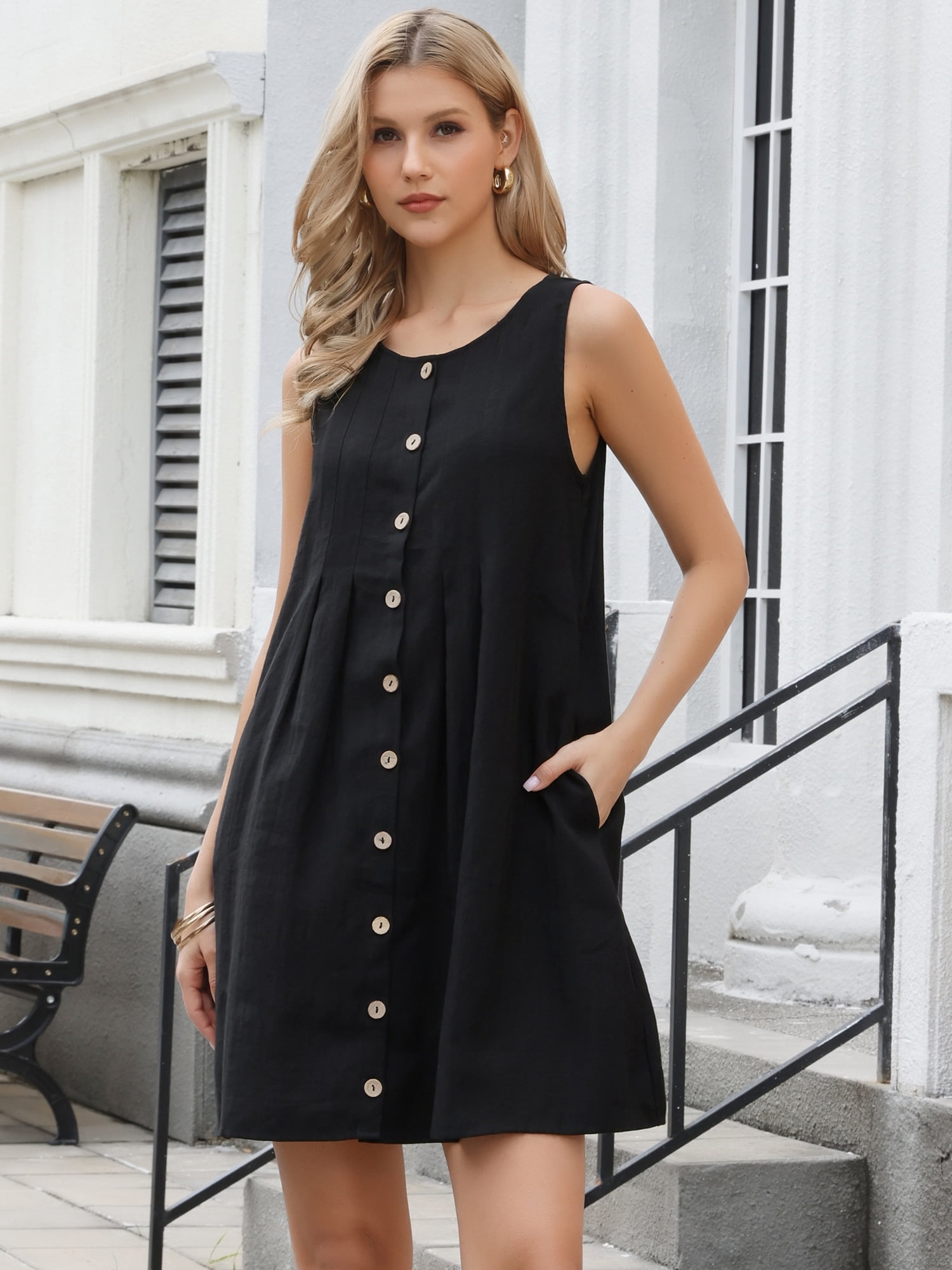 DARING DIVA Women's Linen Sleeveless Summer Casual Tunic Tank Dress XS Black