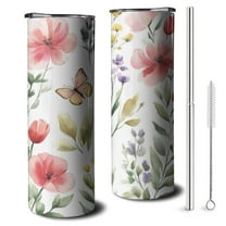20oz Pioneer Flower and Butterfly Skinny Tumblers Stainless Steel Tumbler with Lid and Straw,Vacuum Insulated Double Wall Travel Tumbler Cups with Cleaning Brush for Coffee,Tea