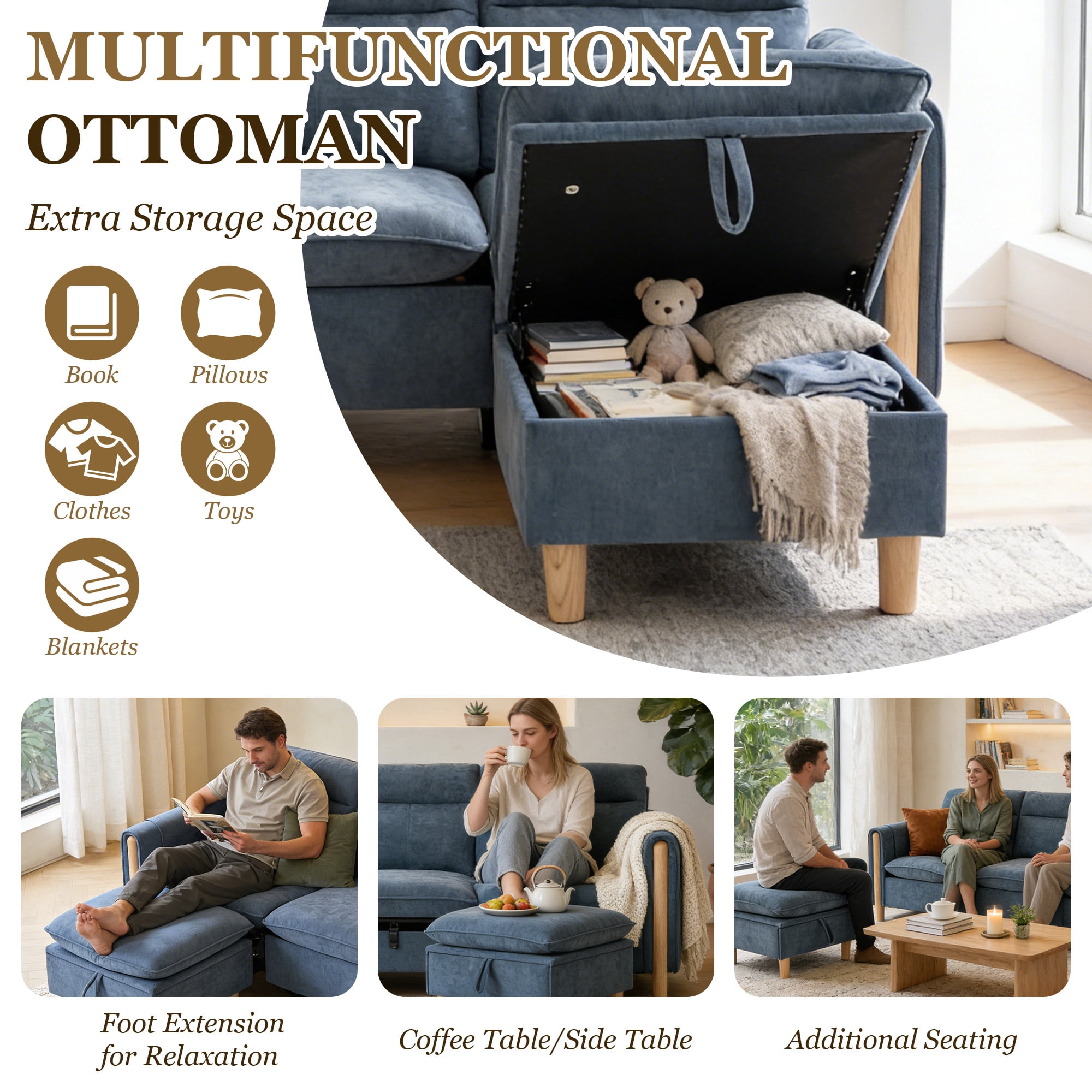 MOONMISS 3-Seater Chenille Sectional Sofa with 2 Storage Ottoman & Side Pocket Convertible Chaise Lounge for Living Room,Blue