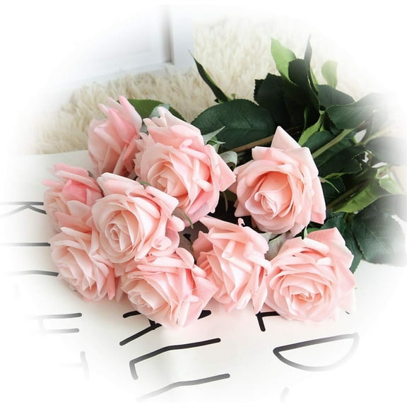 Artificial Flower 12pcs 17'' Artificial Rose Blossom with Leaves Gel Coated Silk Flower for Wedding Bridal Bouquet Bridesmaid Home Décor Office Baby Shower Centerpiece,Light Pink