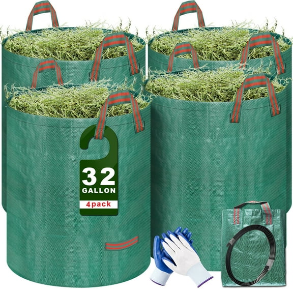 Fabulas Reusable Yard Waste Bags, 32 Gallons 4 Packs Lawn and Leaf Bags Heavy Duty with 4 Handles, Collapsible Yard Waste Containers Camping Yard Recycling Bag for Leaves Grass Clippings
