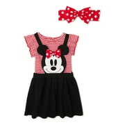 Disney Minnie Mouse Baby Girls Bodysuit, Pinafore & Headband, 3-Piece Outfit Set, 0/3-24 Months