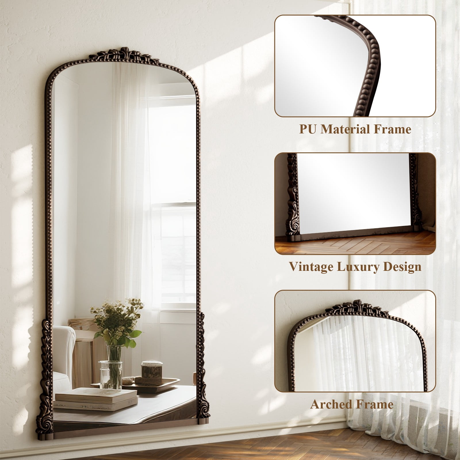 SHATTERVIEW 71"x32" Arched Full Length Mirror Vintage Floor Mirror with Stand Wall-Mounted Mirror, Antique Bronze