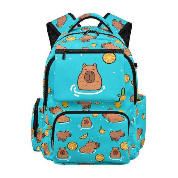 HELLHERO Capybara Orange Print Multi Pockets Bookbag for Casual College, Waterproof Lightweight Polyester Book Bag