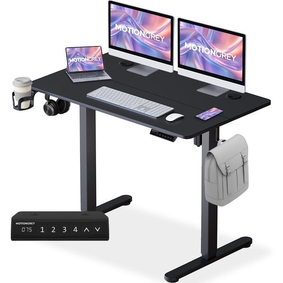 MotionGrey Ergo2 Bureau Debout Électrique Réglable 40 Pouces x 24 Pouces - Dessus et Cadre Noirs, Assis-Debout à Hauteur Réglable avec Réglages de Mémoire - Ergonomique pour la Maison et le Bureau