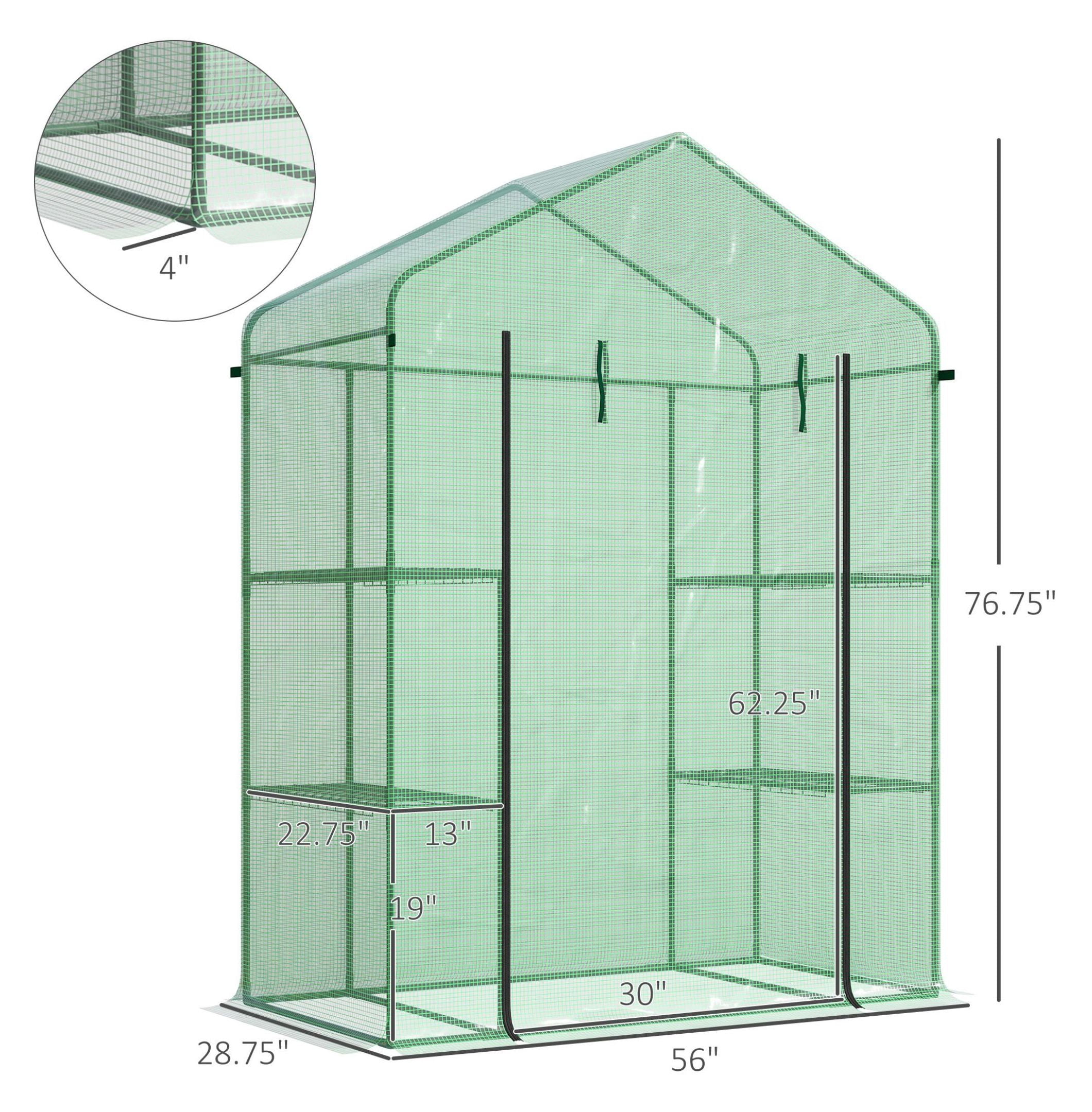56" x 29" x 77" Walk-in Greenhouse, Garden Hot House with 3 Tier Shleves, Roll-Up Door and PE Cover, Green