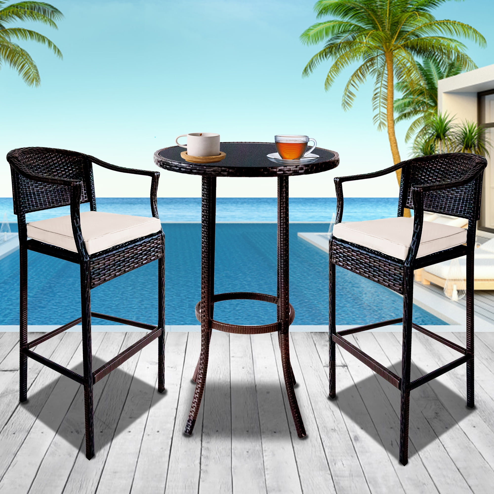 Sundale Outdoor 3-Piece Wicker Bar Stools & Bar Table Set 2 Stools & 1 Table Rattan Patio Furniture Sets with Cusions & Strip Lumbars 