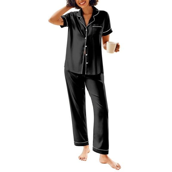 Avidlove Womens Satin Pajama Sets Silky Sleepwear Short Sleeve Button Down Shirts and Long Pant Loungewear 2 Piece Pjs Set