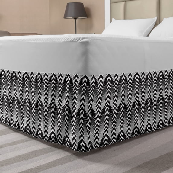 Abstract Bed Skirt, Scribble Brush Stroke and Hand Drawn Like Chevron Motifs in Greyscale Tones, Elastic Bedskirt Dust Ruffle Wrap Around for Bedding Decor, 4 Sizes, Black and Grey, by Ambesonne