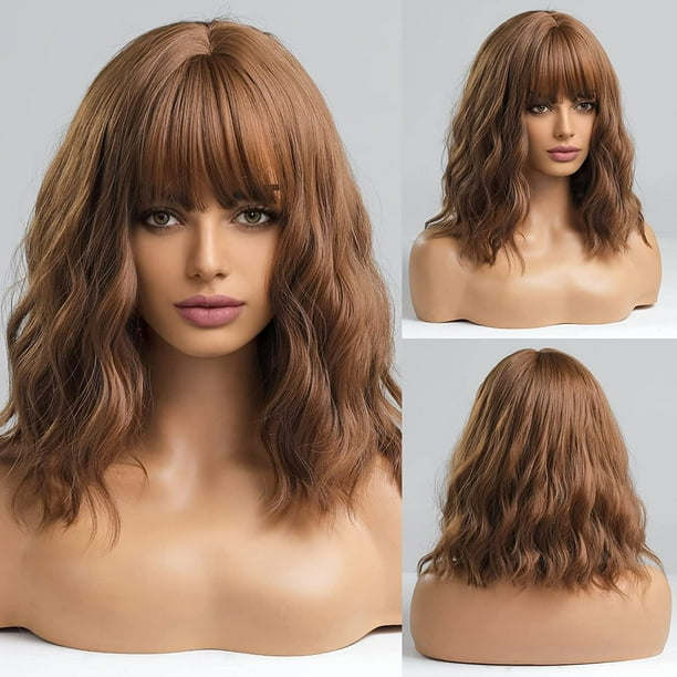 Short Wavy Bob Wig With Bangs Shoulder Length Wigs for Women Short