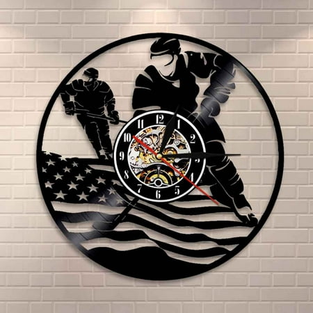 YanGxx Patriotic USA Flag Hockey Wall Clock American Hockeyist Vinyl Record Wall Clock Ice Hockey Sports Contemporary Home Decor Clock